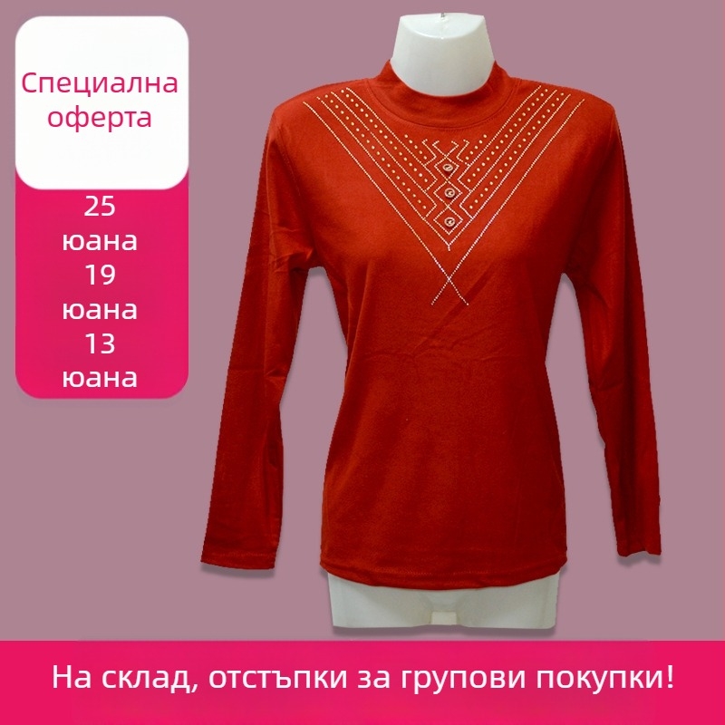 Тесна дамска тениска с полувисока яка и кристални украси; De Velvet плат 95%+, съдържание на кристали под 30%; Лято 2024