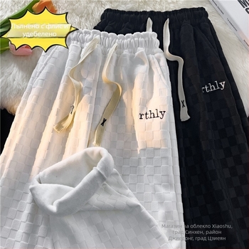 Corduroy straight pants за мъже — клетъчен дизайн, прави крачоли, средна талия, подплатени с флис, памучно-смесена материя