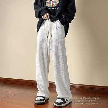 Corduroy straight pants за мъже — клетъчен дизайн, прави крачоли, средна талия, подплатени с флис, памучно-смесена материя