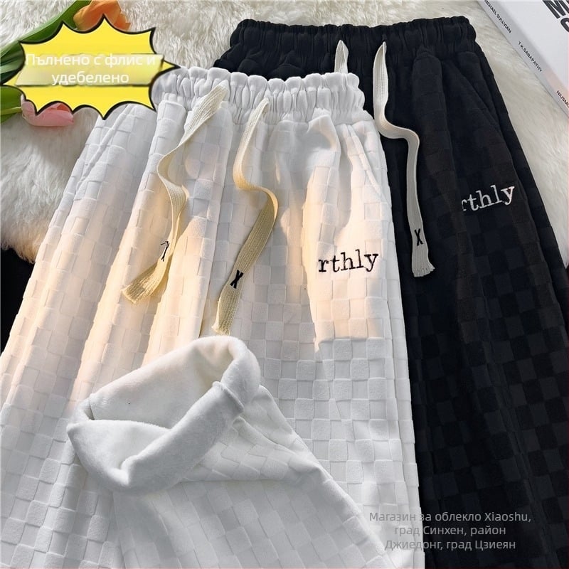 Corduroy straight pants за мъже — клетъчен дизайн, прави крачоли, средна талия, подплатени с флис, памучно-смесена материя