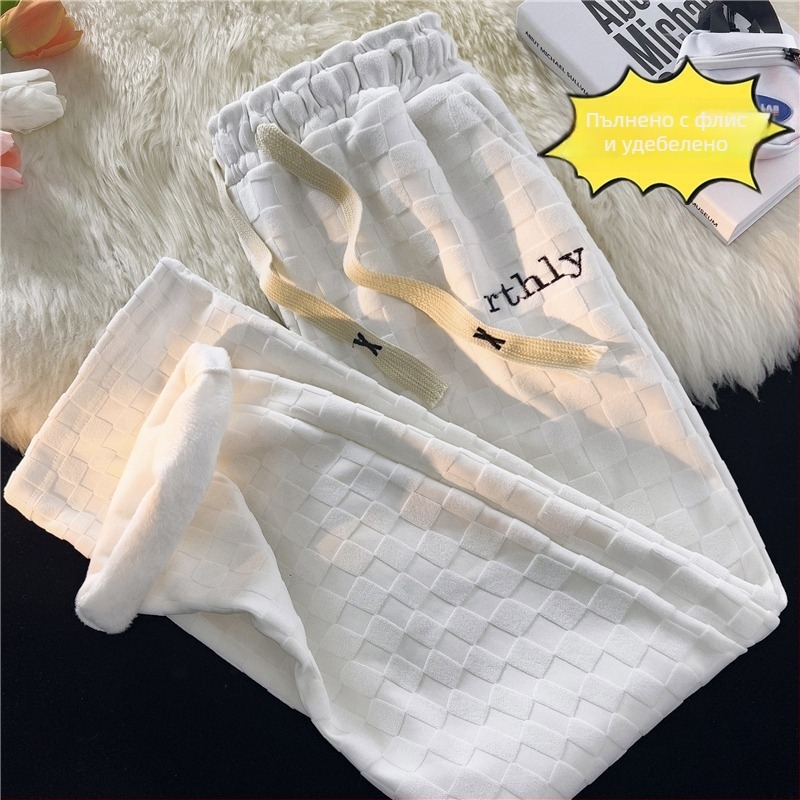 Corduroy straight pants за мъже — клетъчен дизайн, прави крачоли, средна талия, подплатени с флис, памучно-смесена материя