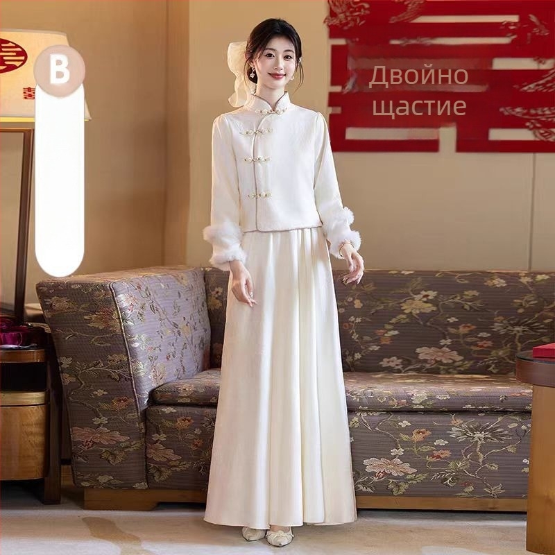 Платье за шаферки – Нов китайски стил, дълги ръкави, А-линия силует, квадратна яка, дължина 135 см, полиестер-еластан (>95% полиестер)