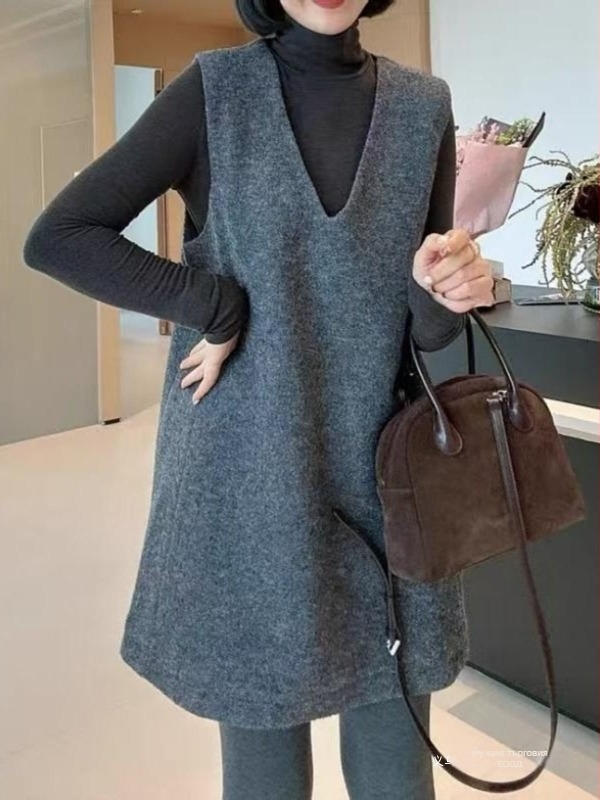 Дамска рокля | Вълнена материя, V-образно деколте, Без ръкави, А-линия, Средна дължина (Вълнена материя; V-образно деколте; Без ръкави; А-линия; Средна дължина)