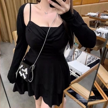 Двукомпонентен комплект рокля от мрежеста материя, без ръкави, висока талия, деколте с презрамки, литературно-ретро стил, Пролет 2025