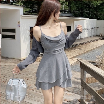 Двукомпонентен комплект рокля от мрежеста материя, без ръкави, висока талия, деколте с презрамки, литературно-ретро стил, Пролет 2025