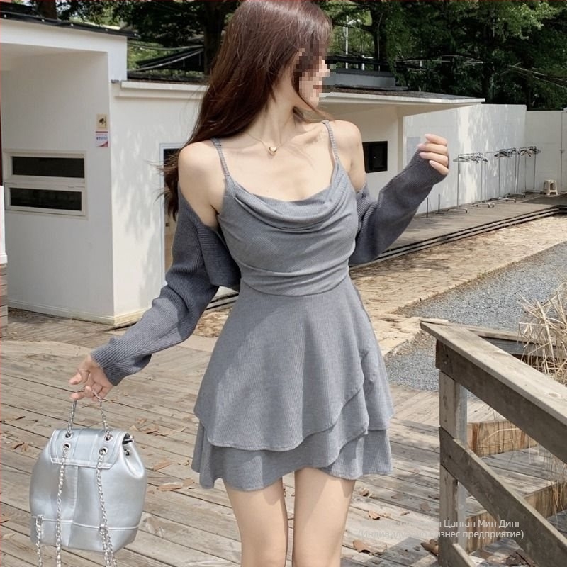 Двукомпонентен комплект рокля от мрежеста материя, без ръкави, висока талия, деколте с презрамки, литературно-ретро стил, Пролет 2025