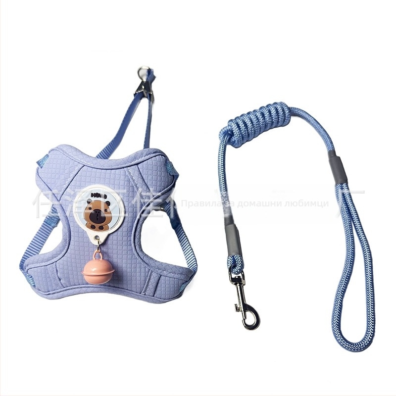 Кучешка каишка със гръдна презрамка, плат, камбанка от кожа на дивеч