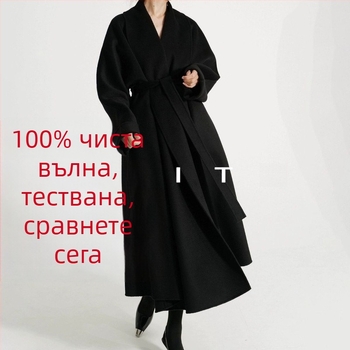 Дамско двустранно палто от вълна и кашмир, дълго с лацкан, свободна кройка, в корейски стил