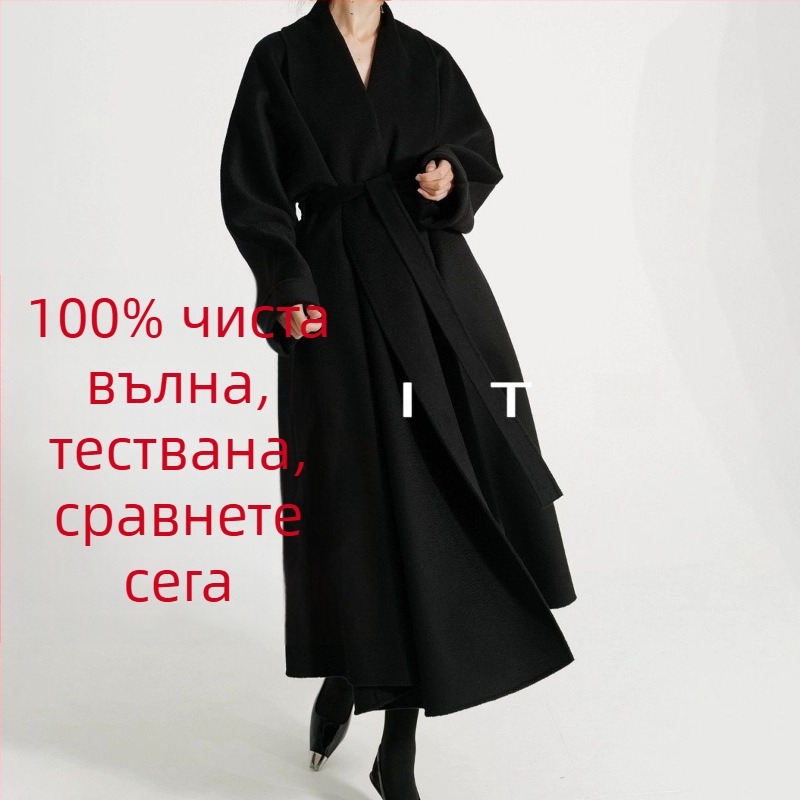 Дамско двустранно палто от вълна и кашмир, дълго с лацкан, свободна кройка, в корейски стил