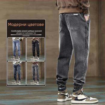 Мъжки дънки с прави крачоли, деним-памучна материя, средна талия, закопчаване с връзка, миещи се