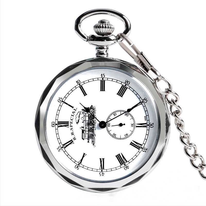 Антикварен джобен часовник с открито лице, гравиран мотив на влак, прозрачно дъно, ръчно навиване и механичен ход, корпус от сплав