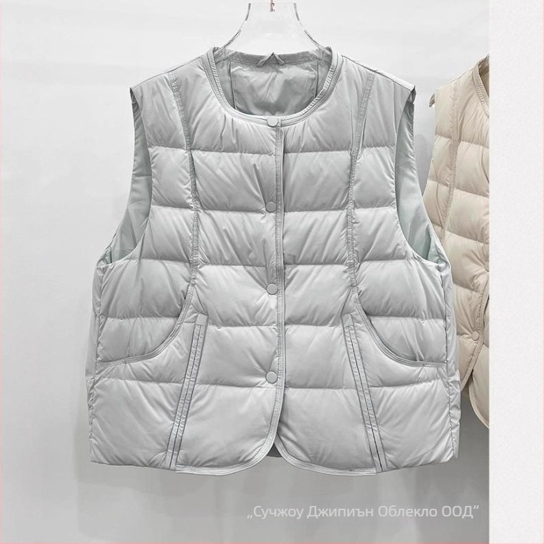 Дамска пухова жилетка без ръкави, кръгло деколте, свободен силует, пух от патица 86–90%, полиестерна материя, дължина обикновен стил, зима 2025