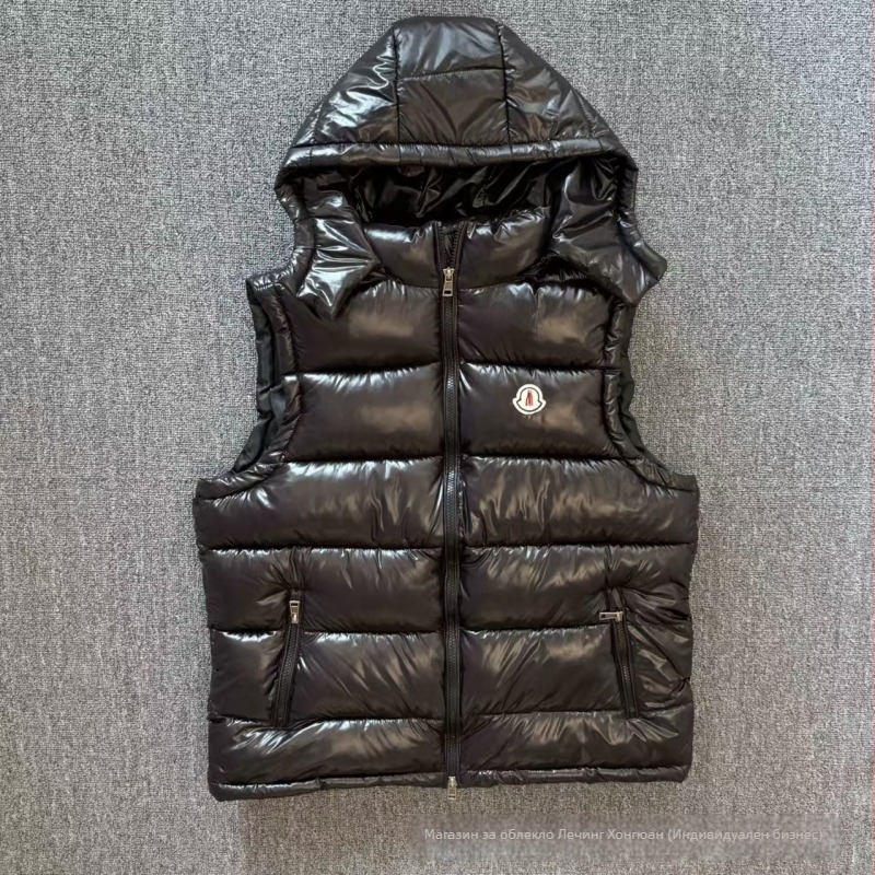 Мъжка памучно подплатена жилетка с качулка, дебела полиестерна външна част, памучно пълнеж, ацетатна подплата, джобове с ципове, зима 2025