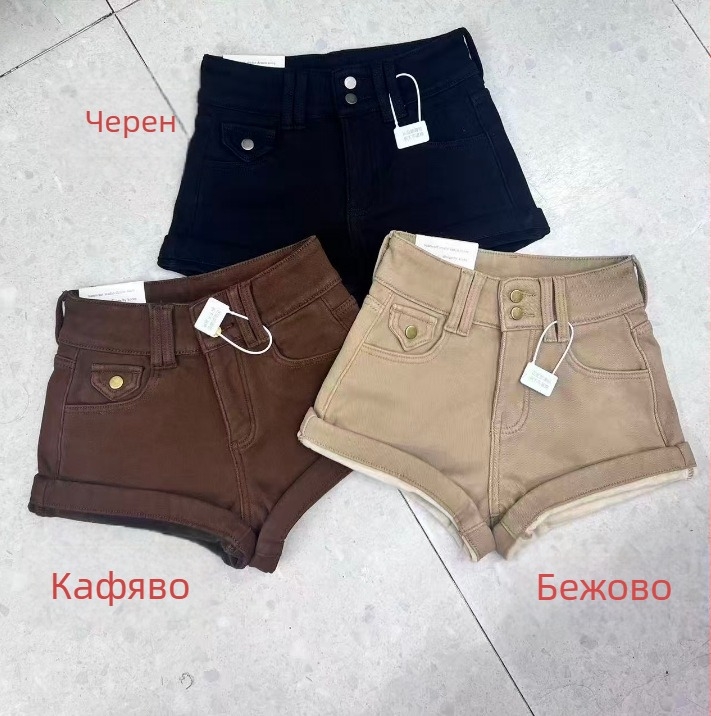 Дамски памучни къси панталони, висока талия, дебела материя, A‑линия, повдигане на дупето