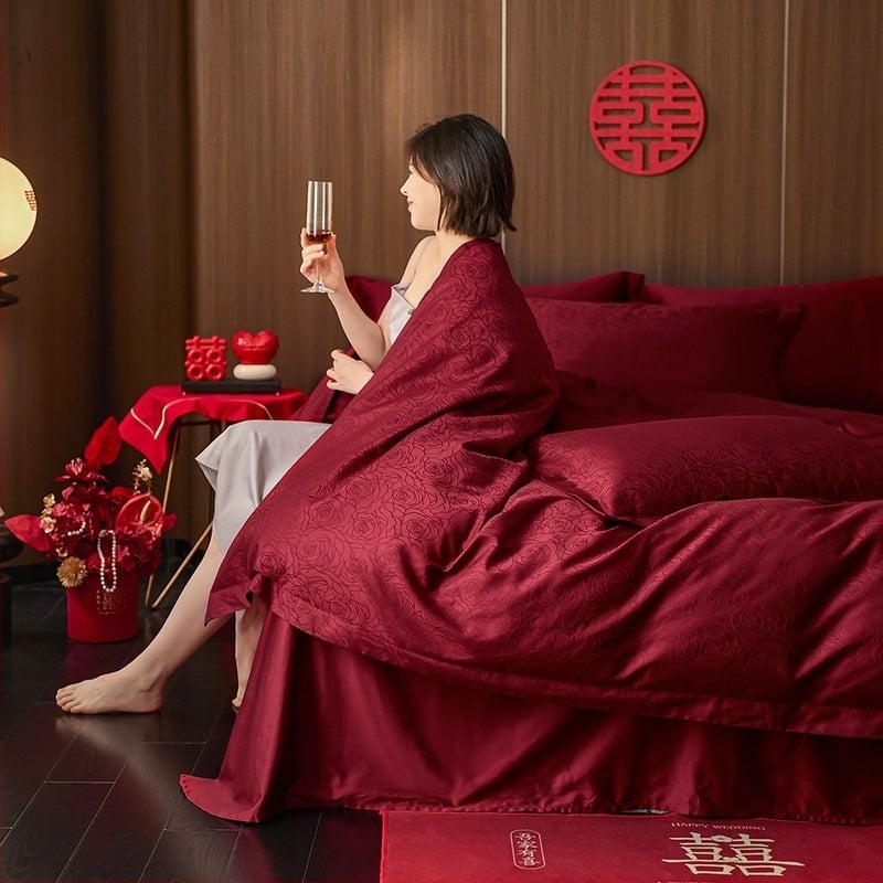 Комплект спално бельо от четири части, памук с дълги влакна, 100 нишки, джакардова и сатенова тъкан, реактивен печат и боядисване, рисунка растения и цветя, сватбен стил