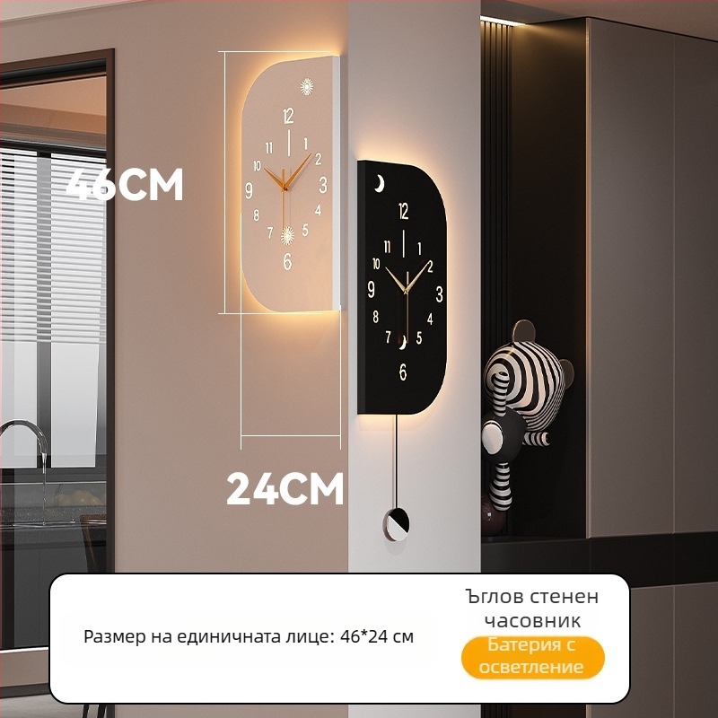 Модерен ъглов стенен часовник с двустранен циферблат, Seiko механизъм (Mingmu), батерийно захранване, метален корпус и метален циферблат