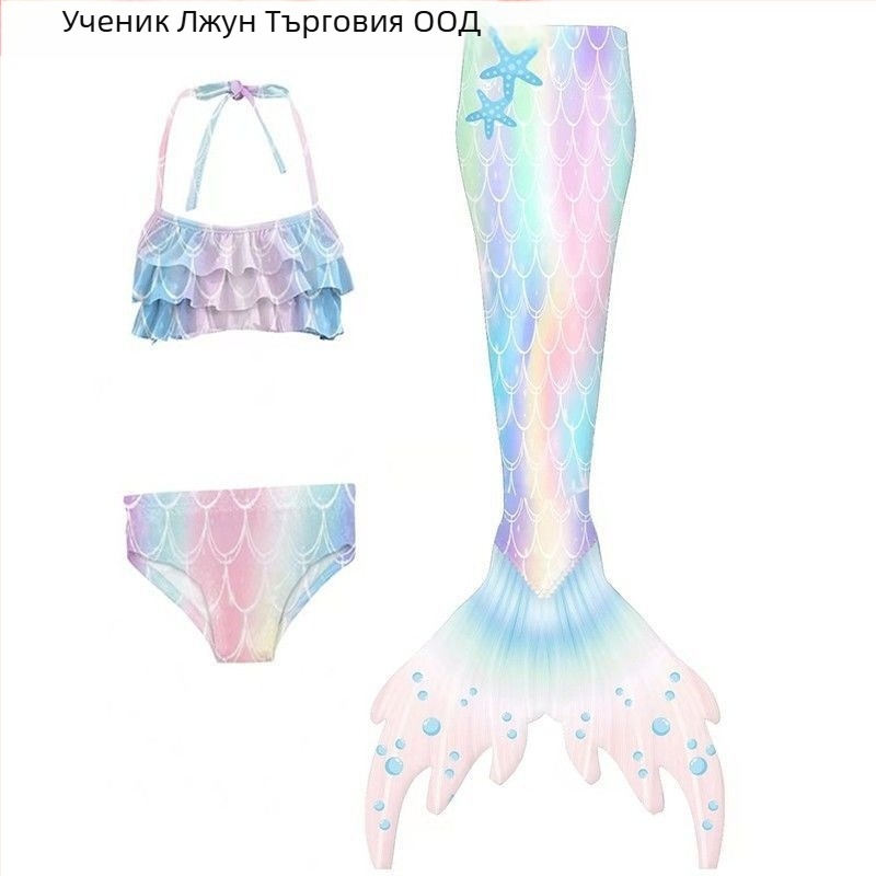 Детски комплект русалка принцеса за плуване — три части с опашка, полиестер, полипропиленово съдържание, марка Lijun, възраст 3–14 години