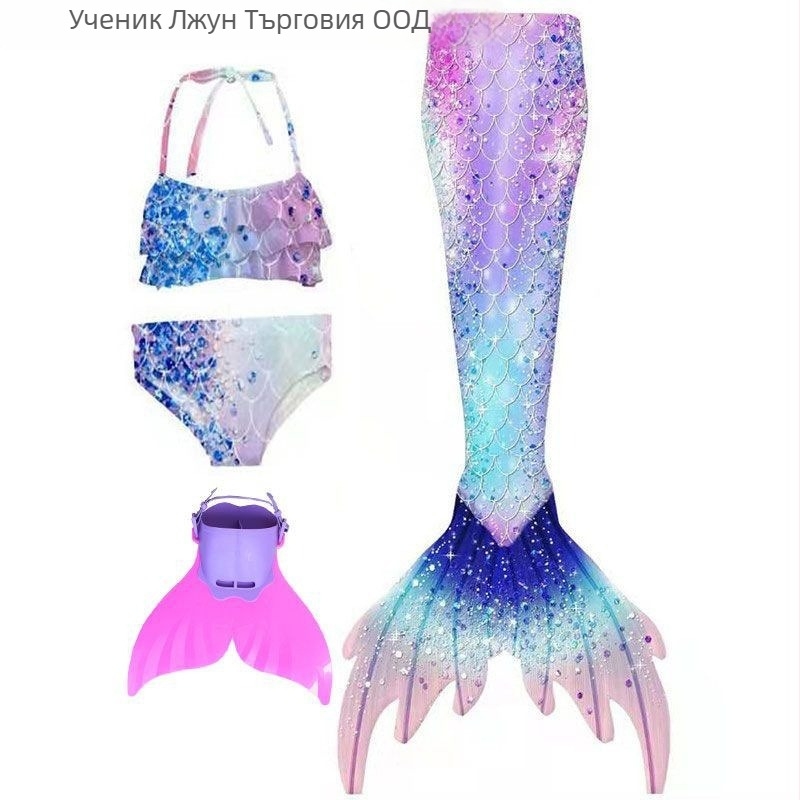 Детски комплект русалка принцеса за плуване — три части с опашка, полиестер, полипропиленово съдържание, марка Lijun, възраст 3–14 години