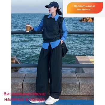 Женска риза с лацканя яка и жилетен акцент, дълги ръкави, есен 2025, елегантен градски стил, 95% акрилно влакно