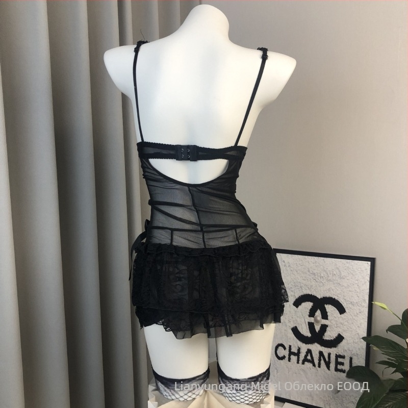 Камизол комплект с подплътени чашки, дантелен прозрачен дизайн и мрежеста тъкан, найлонова материя, униформа за прислужница