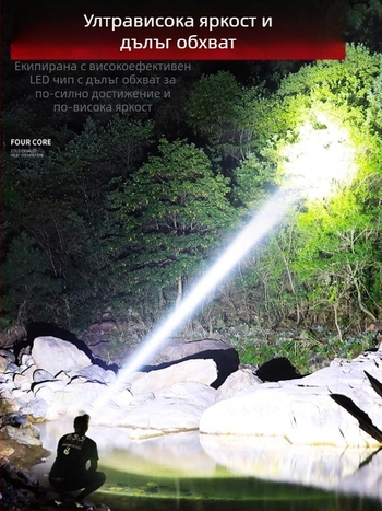 LED челна лампа, презареждаща се, модел B90, 18650 батерия, обхват на светлината ≥500 м, 60 ч работа, водоустойчива