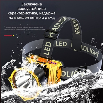 LED челник за глава (батерия 1500mAh, мощност 30, въртене 360°, обхват 200–500 м, ръчно зареждане)