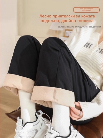 Дамски пухени панталони за външно носене, нейлонов външен слой, пълнеж бял гъски пух, висока талия, прав крак, дебели зимни панталони