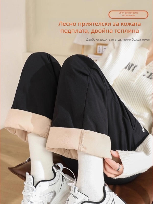 Дамски пухени панталони за външно носене, нейлонов външен слой, пълнеж бял гъски пух, висока талия, прав крак, дебели зимни панталони