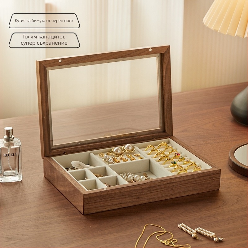 Кутия за бижута от твърд черен орех с капак – модел водни вълни, многофункционална, 1 ниво настолно съхранение