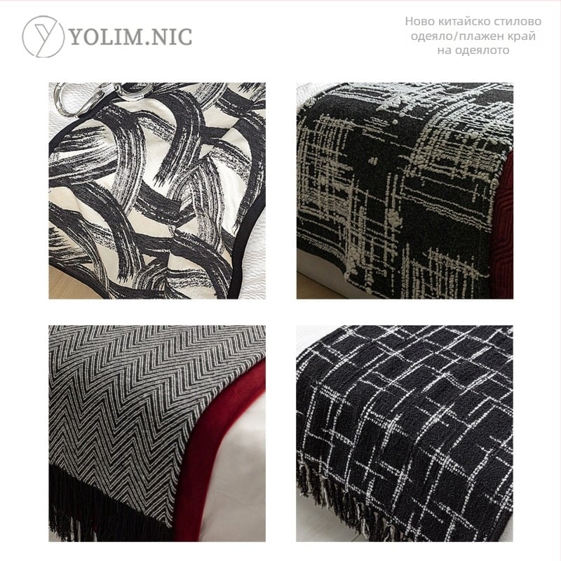 Плед за легло с ресни (полиестер, модерен минимализъм, геометрична абстракция, хотелски стил, луксозен продукт)