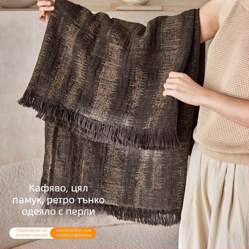 Винтажно висококачествено памучно одеяло с ресни, от памучна газова тъкан, ретро стил, 1.1–1.5 кг, реактивно боядисване, подходящо за пролет и есен