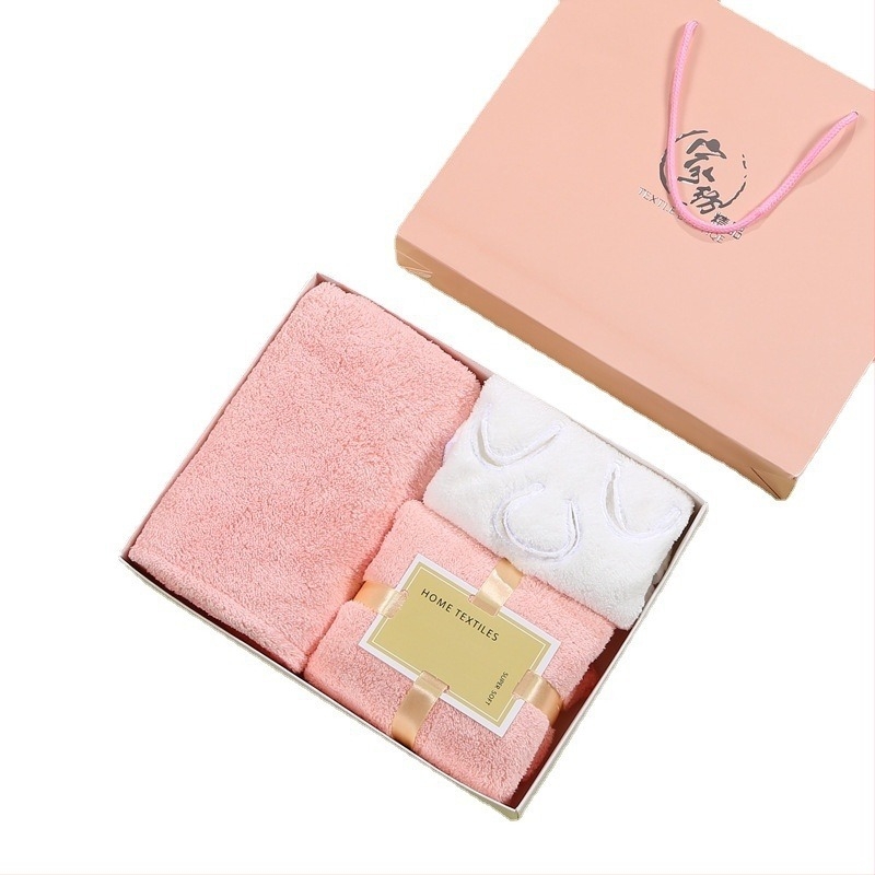 Комплект от три кърпи за баня от коралов флис, със шапка за душ и кърпа за лице, печат на лого, 400 g, warp-knit и плоско тъкане