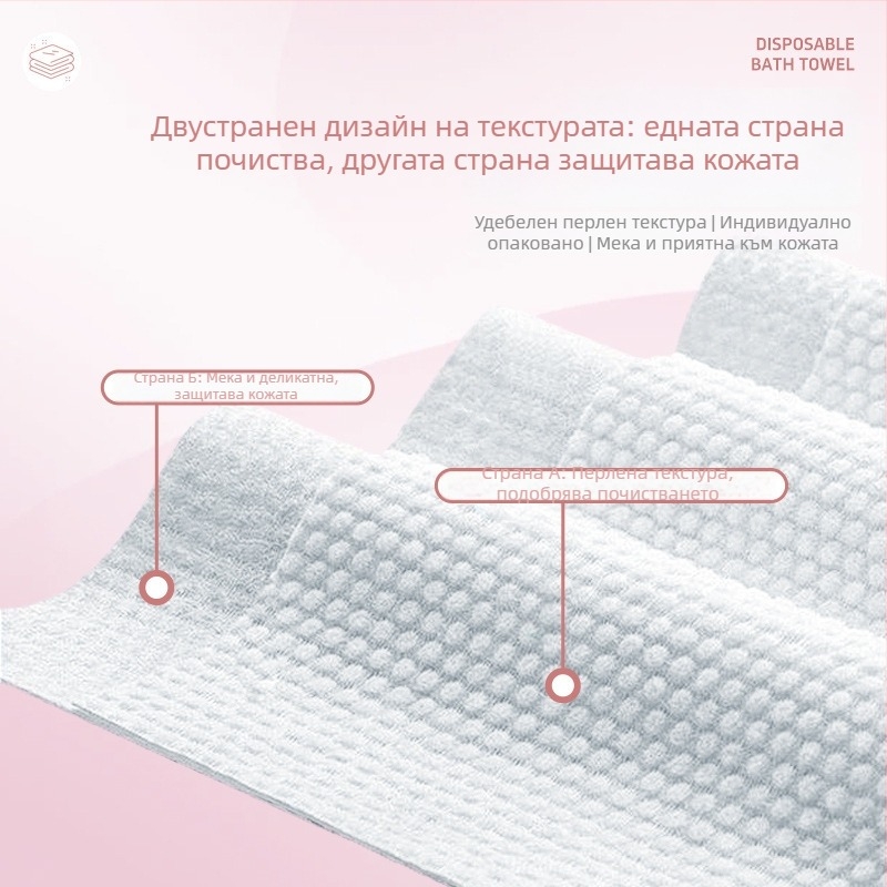 Еднократна кърпа за баня – вискозно влакно, водопоглъщане 0–5 с, плоско тъкане, индивидуално опакована, за пътуване
