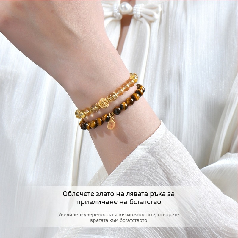 Гривна от естествен тигрово око, двойно кръгово подреждане, полирана повърхност, лек луксозен стил за жени