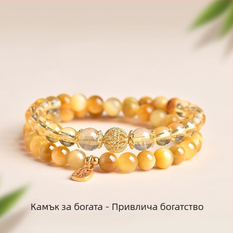 Гривна от естествен тигрово око, двойно кръгово подреждане, полирана повърхност, лек луксозен стил за жени