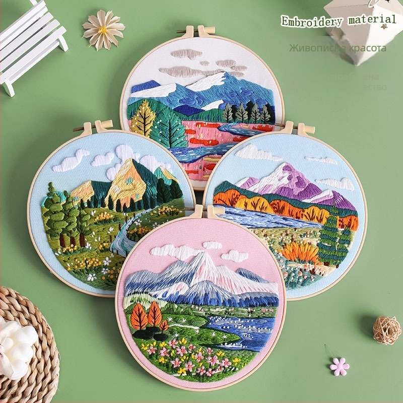 Комплект за бродиране на пейзаж върху памучна тъкан – кръстат бод, модерен минималистичен стил, текстилна бродерия