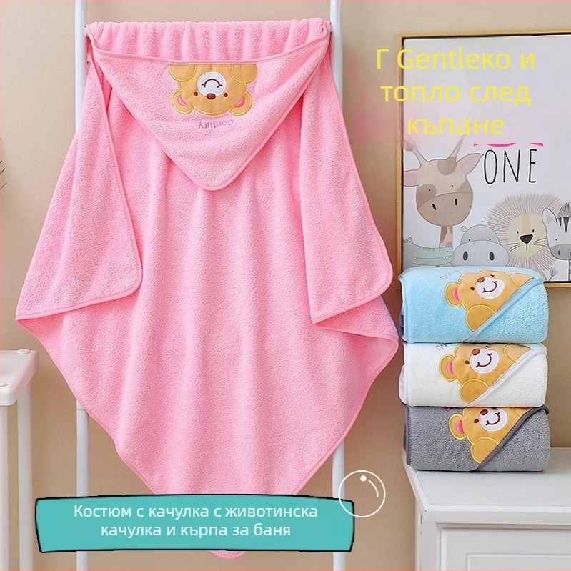 Кърпа за баня с качулка за бебета от коралов велур, карикатурен стил, абсорбираща, 200–300 г, за новородени до 3 години, персонализирана