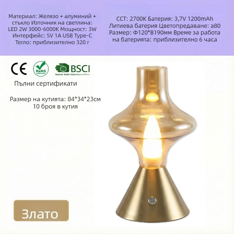 NHCL-020 Антична класическа стъклена настолна лампа с метална основа, сензорен димер и нощна светлина