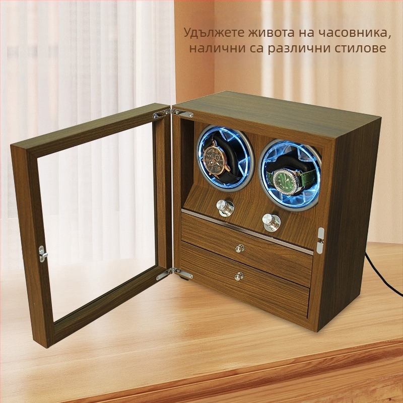 Готова на склад кутия за часовници и бижута с механичен автоматичен навивател и чекмедже, орехово дърво — Ruijia