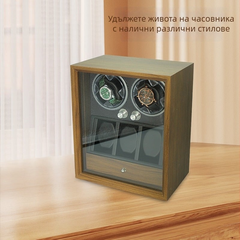 Готова на склад кутия за часовници и бижута с механичен автоматичен навивател и чекмедже, орехово дърво — Ruijia