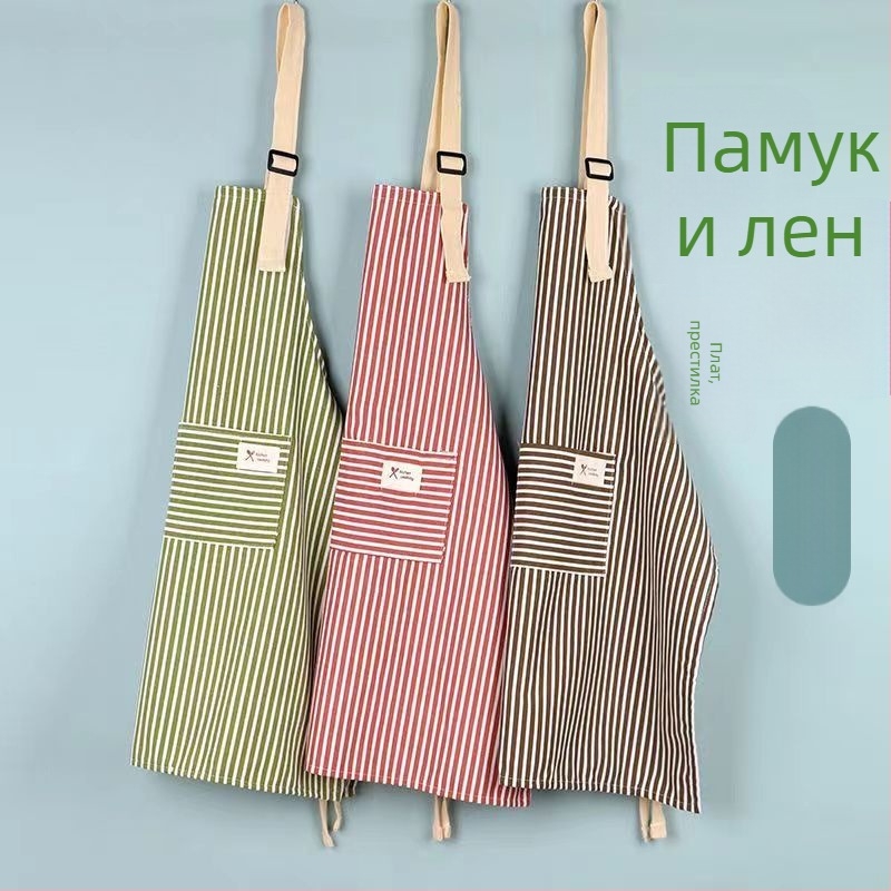 Безръкав фартух от памук и лен, антизамърсяващ, на ивици