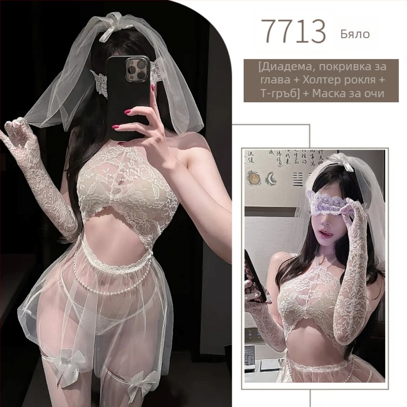 Секси нощница бельо: прозрачно мрежесто облекло, униформа стил, дантела, къса пола, полиестер 80–90%