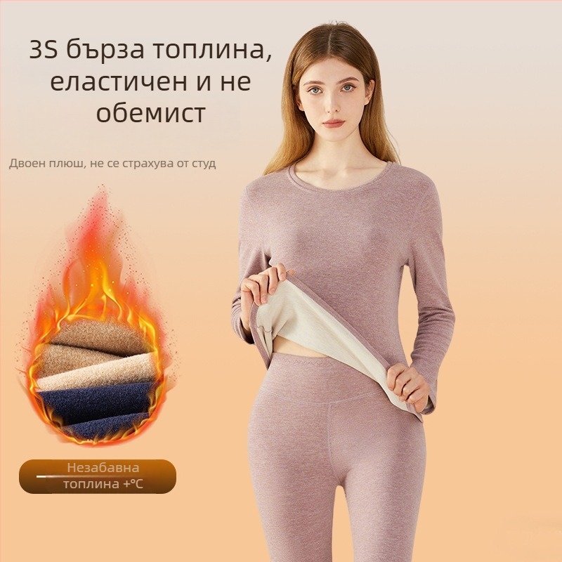 Дамски зимен термален комплект от вълна и коприна, подплатен с флис, дебел, базов слой, горнище и долнище