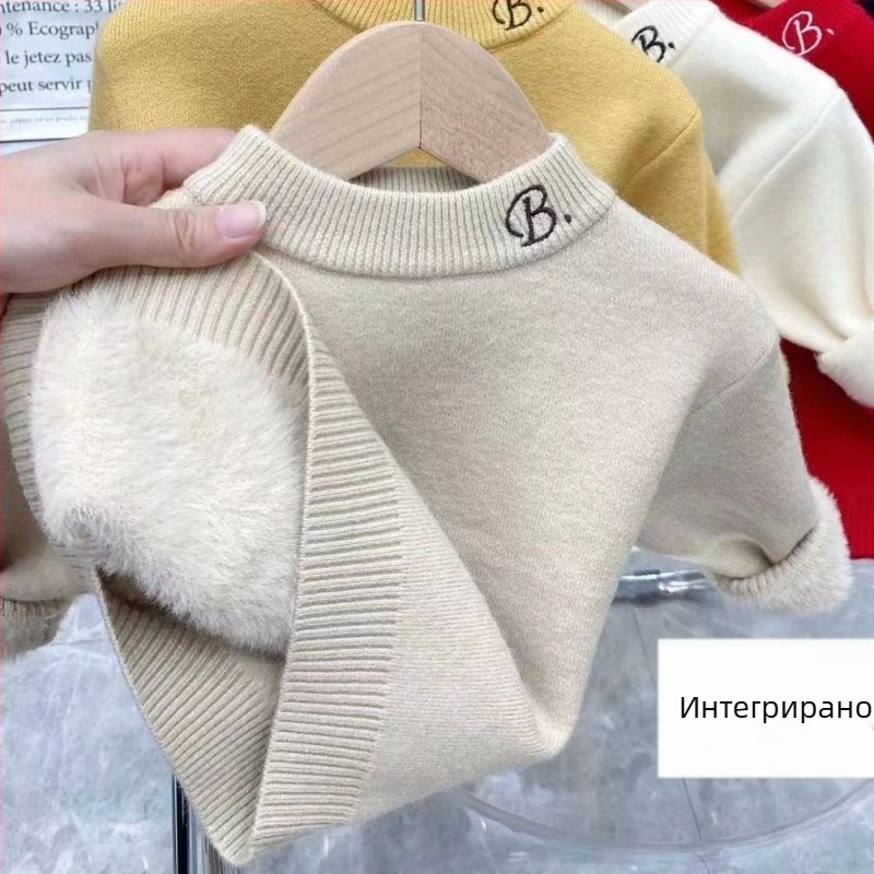 Детски плетен пуловер с зайешки пух 90–95%, полиестер, удебелен материал, кръгла яка, дълги ръкави