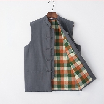 Памучен подплатен елек, китайски стил, свободен крой, удебелен памучен пълнител, памучна основна материя