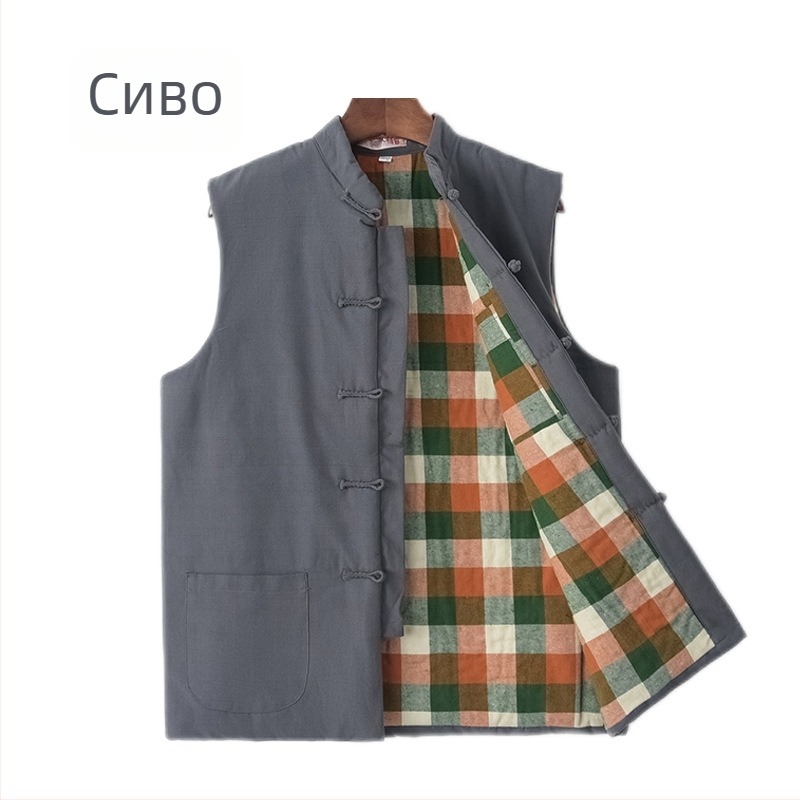 Памучен подплатен елек, китайски стил, свободен крой, удебелен памучен пълнител, памучна основна материя