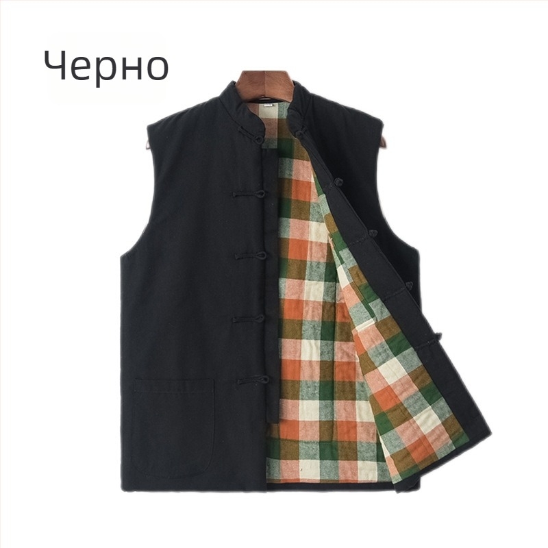 Памучен подплатен елек, китайски стил, свободен крой, удебелен памучен пълнител, памучна основна материя