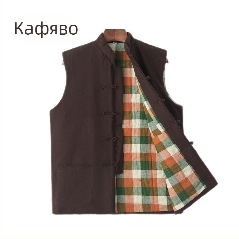 Памучен подплатен елек, китайски стил, свободен крой, удебелен памучен пълнител, памучна основна материя