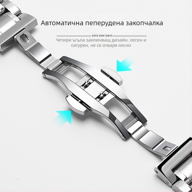Петлинкова каишка за часовник от неръждаема стомана с пеперудена закопчалка, унисекс, издръжлива, водоустойчива и устойчива на изпотяване