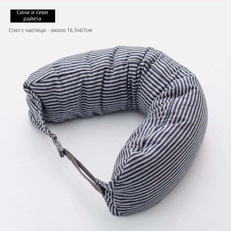 U-образна възглавница за шия за пътуване, пълнеж от частици пяна, 100% памук, японски стил, за възрастни